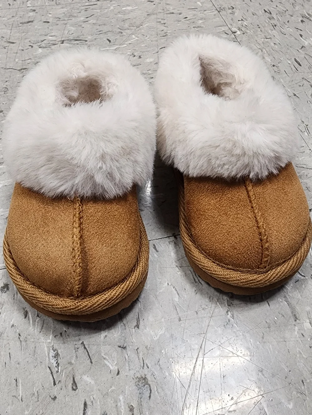 Kids Faux-Shearling Slip-On Slippers - Tan with White Fur Cuff